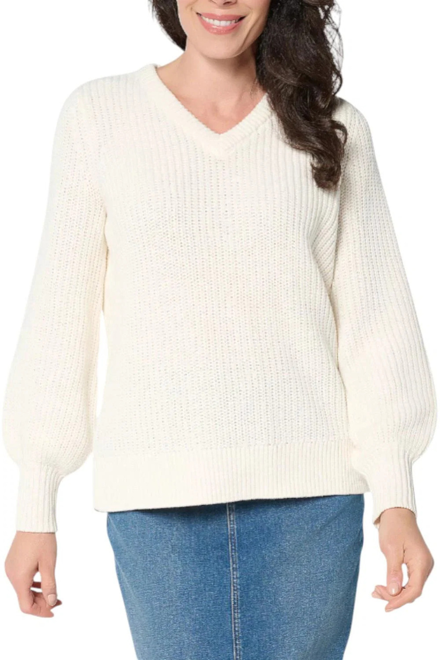 Belle by Kim Gravel Women's Chunky Shaker Bishop Slv Sweater Natural - Plus